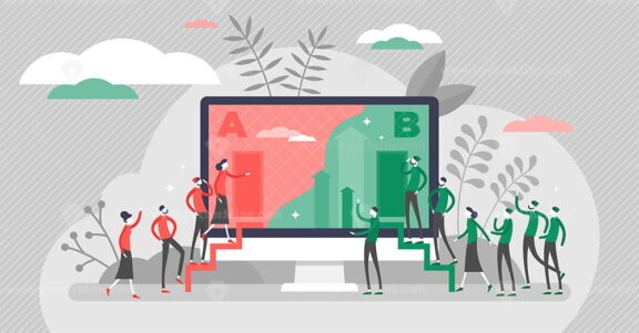 A B split test marketing concept, flat tiny persons vector illustration