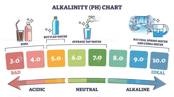 Alkalinity PH chart with water acidity from bad to ideal outline diagram