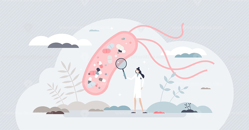 Antibiotic resistance development in everyday life, illustrated outline ...
