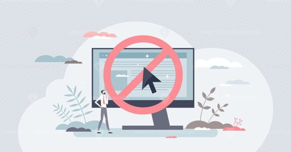 Banned website and forbidden risky internet browser site tiny person concept