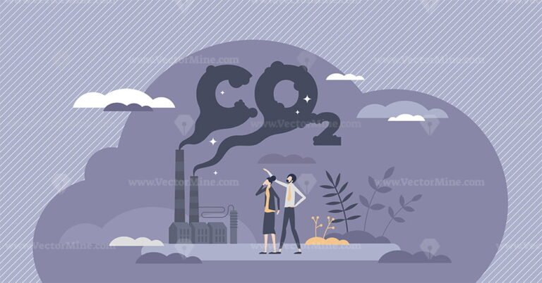 CO2 emissions as dangerous carbon dioxide air pollution tiny person concept