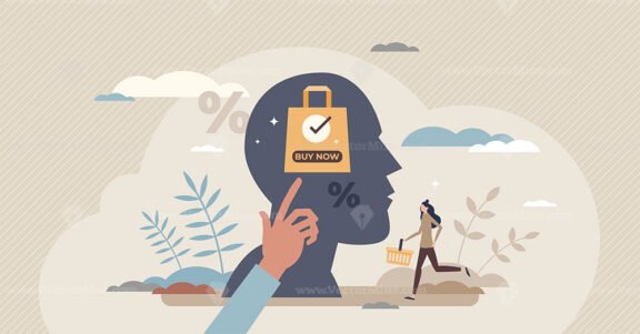 Consumerism and shopping lifestyle with idea to buy more tiny person concept
