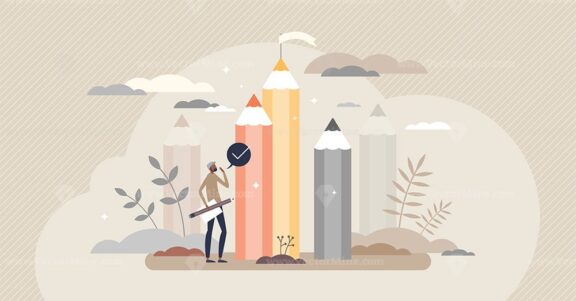Creative achievement and education skill reach success tiny person concept