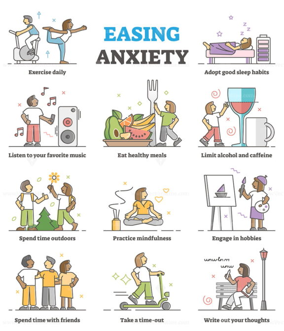 Easing anxiety or depression with healthy lifestyle or habits outline concept