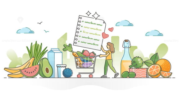 Food balance as healthy eating products choice while shopping outline concept