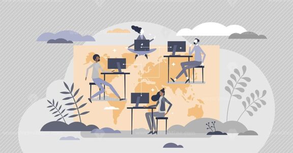 Global freelancing with work outsourcing around world tiny person concept