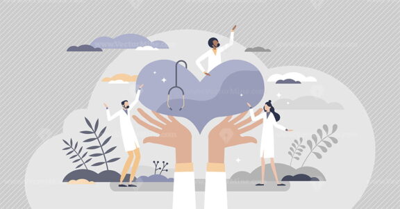 Health care or cardiology doctors with patient treatment tiny person concept