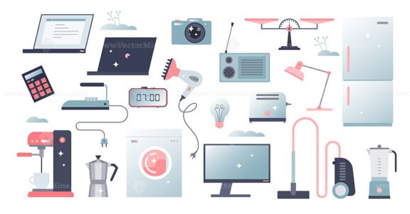 Home appliances elements with electrical household items tiny set collection