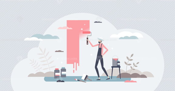 Home renovation and interior DIY wall color painting tiny person concept