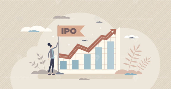 IPO as initial public offering and stock market shares tiny person concept