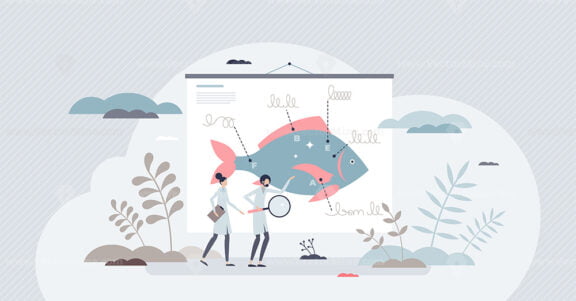 Ichthyology study as knowledge about fish and sea animals tiny person concept
