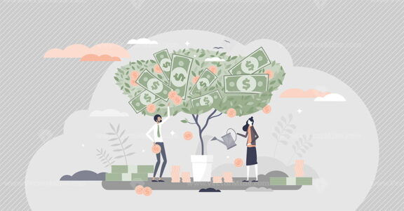 Investment profit money as financial earnings harvest tiny person concept