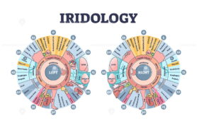 Iridology as eye iris monitoring and disease diagnostics outline diagram