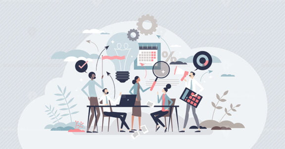 Marketing agency with advertisement and content creation tiny person concept