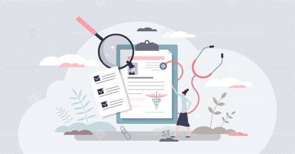 Medical history and health record documents for doctor tiny person concept