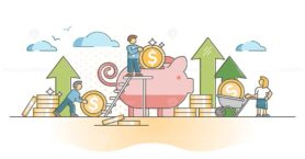 Money savings as financial cash stack deposit in piggy bank outline concept
