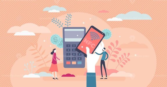 NFC mobile payment technology concept, tiny person vector illustration