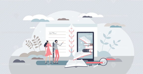 Online education and study with e-learning and study tiny person concept