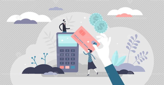 Payment transaction process concept, flat tiny person vector illustration
