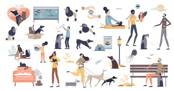 Pets as domestic dog, cat or other animals caring tiny person collection set