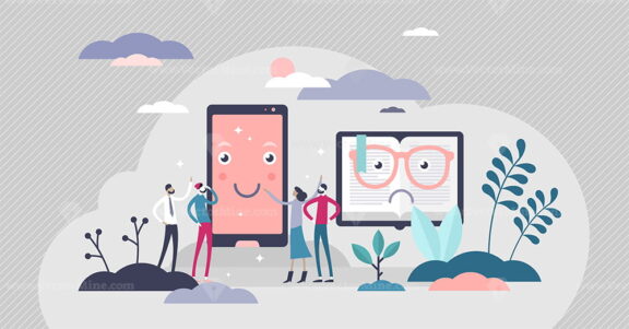 Phone VS book competition, flat tiny persons vector illustration