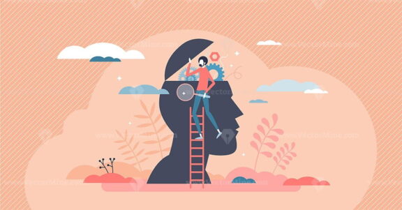 Psychology as open mind therapy to solve emotional mess tiny person concept
