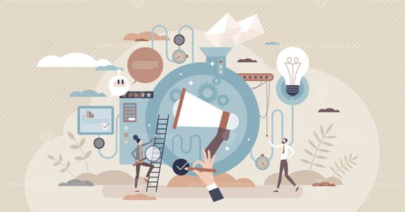 Public relations marketing communication and management tiny person concept