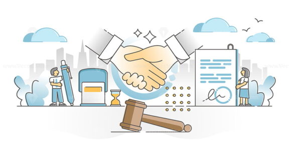 Singing contract with legal document, gavel and handshake outline concept