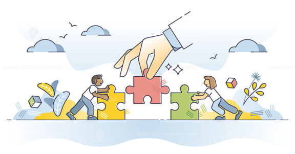 Find solution as help fitting jigsaw puzzle pieces together outline concept