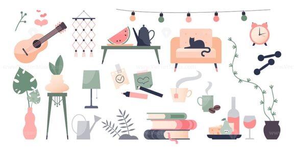 FREE Stay home objects set as cosy atmosphere associative elements collection