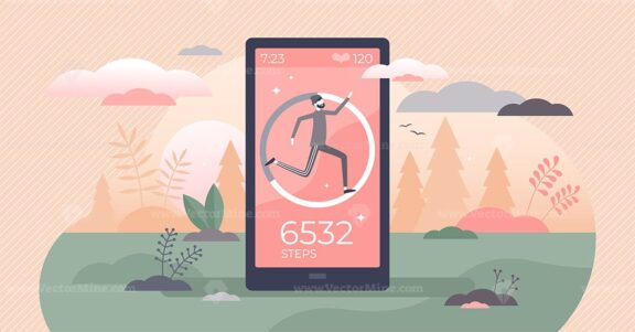 Step counter and pedometer activity app measurement tiny persons concept