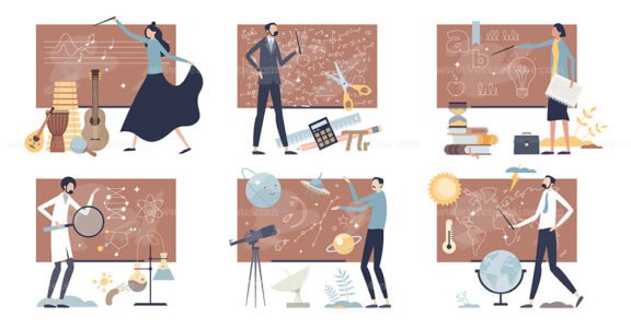 Teachers learning and academic teaching occupation tiny person collection set