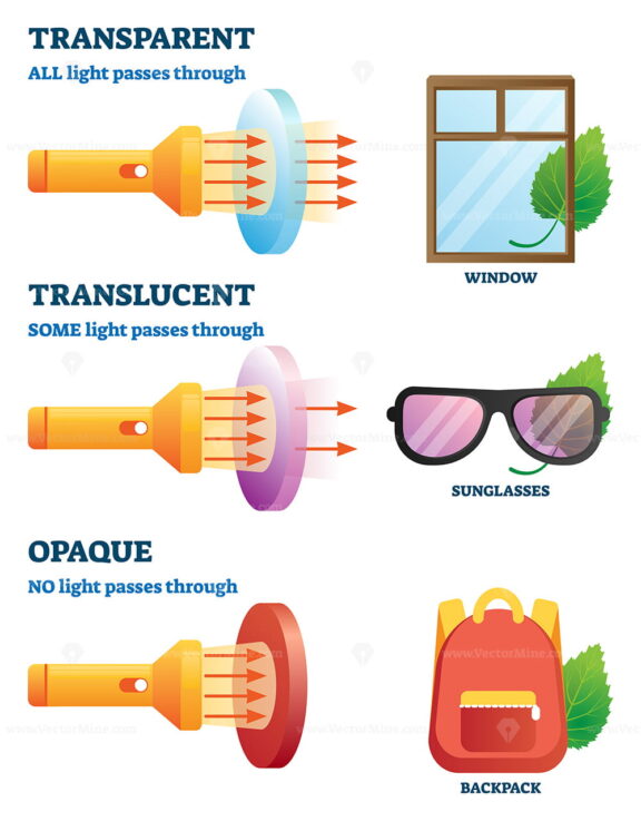 Transparent, translucent or opaque properties explanation vector illustration