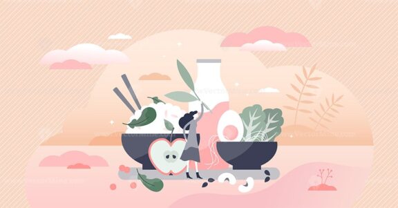 Vegetarian food diet lifestyle with menu meal example tiny persons concept
