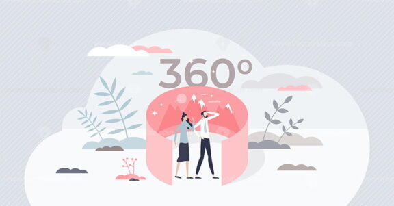Virtual tour technology as 360 degree digital simulation tiny person concept