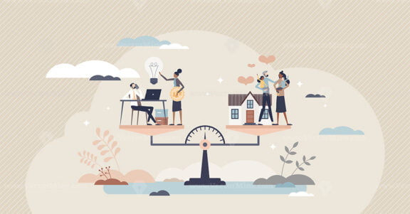 Work life balance as career or family relationship scales tiny person concept