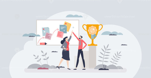 Achievement celebration for successful business goal tiny person concept