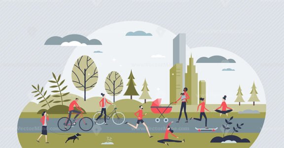 Active transportation city and healthy sport activity tiny person concept