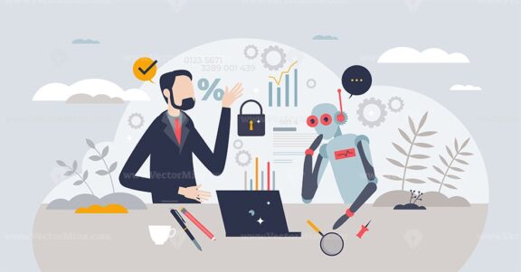 AI collaboration and artificial intelligence for business tiny person concept