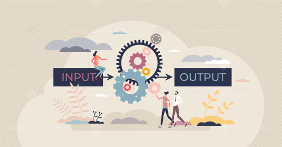 Algorithm data input and output process visualization tiny person concept