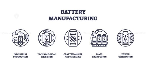 Battery manufacturing involves industrial production, technological precision, and mass production. Outline icons set.