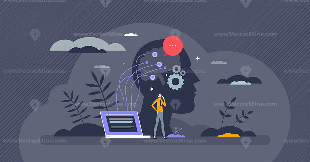 Brain computer interfaces or BCI with neuron technology tiny person ...