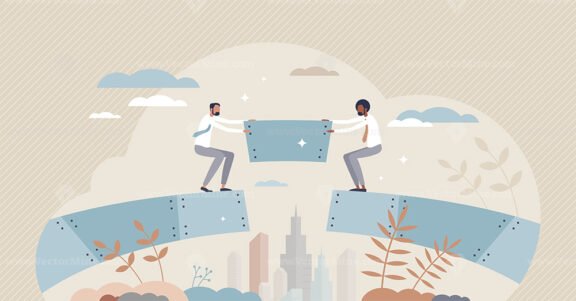 Bridging the gap and find business solutions by teamwork tiny person concept