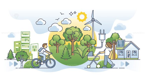 Clean energy community ecosystem with green lifestyle city outline concept