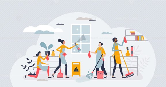 Cleaning jobs and professional hygiene service for home tiny person concept