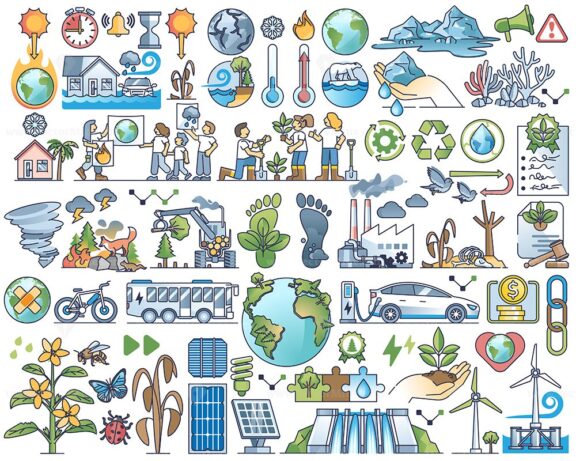 Climate change solutions and global warming destruction outline collection.