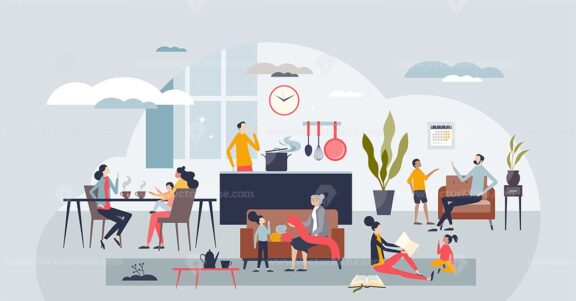 Community care as communication and social help type tiny person concept
