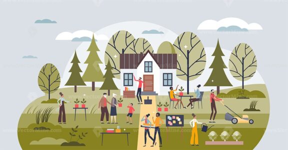 Community care workshop and all social groups together tiny person concept