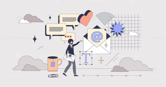 Conversational email marketing with ads tiny person neubrutalism concept