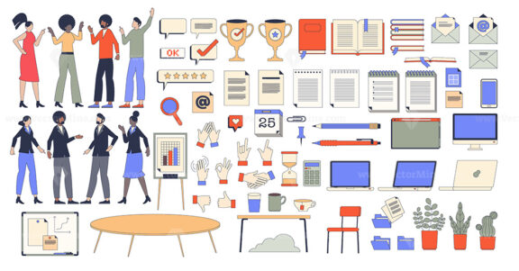 Corporate, workplace and office elements in retro tiny person collection set